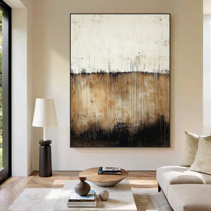 Wabi Sabi Beige Brown Plaster Textured Artwork with Drip Lines Tactile Organic Surface AURA589