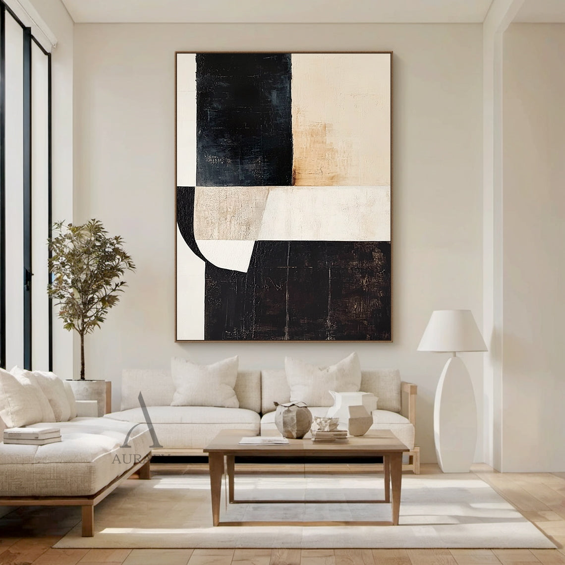 Beige, Black & Ivory Geometric Abstract Wall Art - AURA816