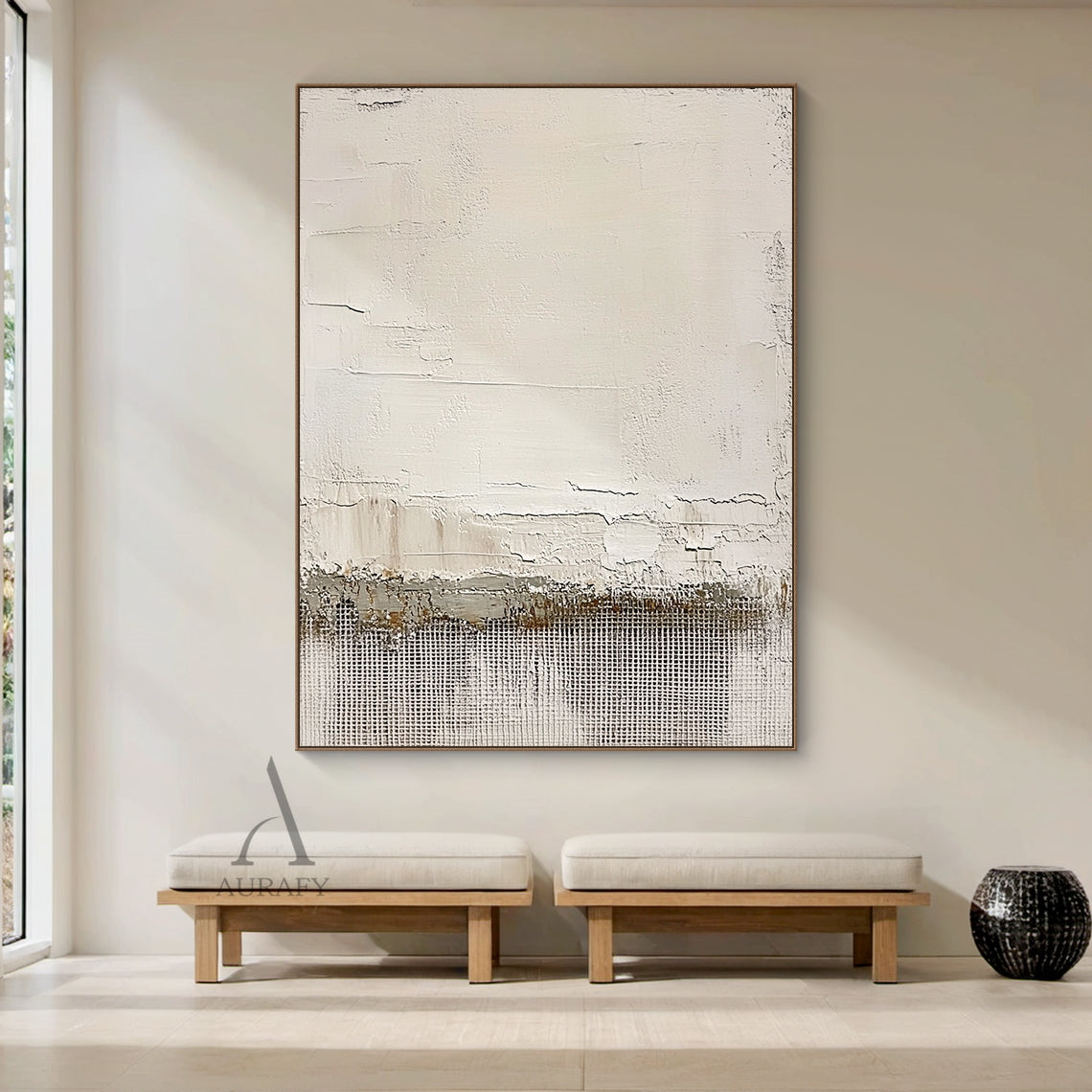 Beige Abstract Artwork Modern Organic Japandi Impasto Crackle Tactile Grid Texture Design AURA451