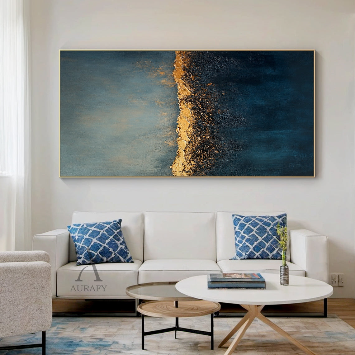 Blue Gold Abstract Plaster Textured High Relief Japandi Wabi-Sabi Minimalist Luxe Canvas Wall Art AURA726