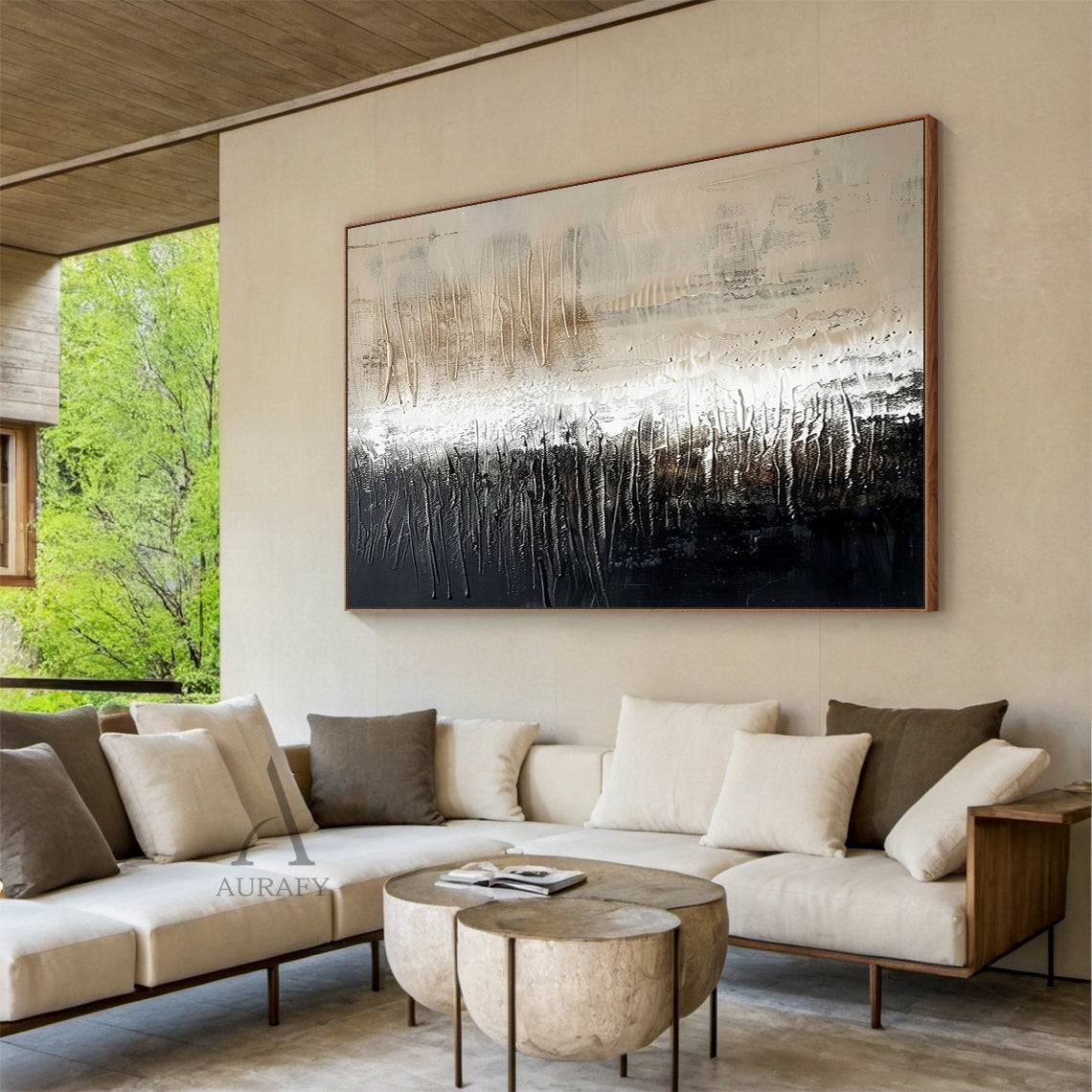 Wabi Sabi Japandi Knife Textured Abstract Beige Black Minimalist Luxe Plaster Canvas Wall Art AURA800