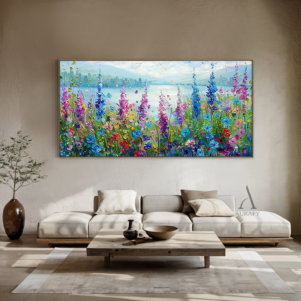 Colorful Landscape Art Impasto Knife Strokes Scenic Wildflower Lake Vibrant Impressionist Painting AURA414