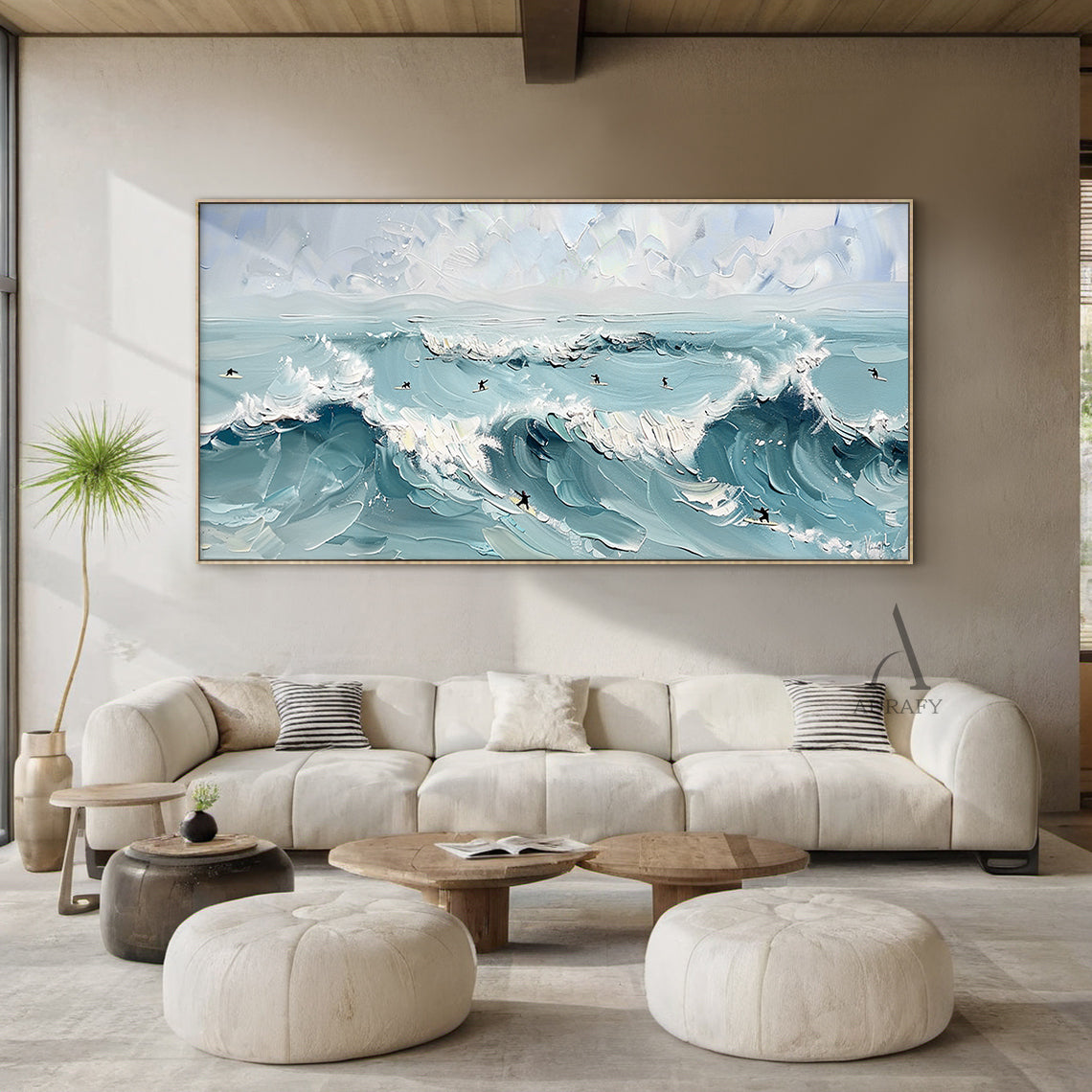 Blue Ocean Surf Art Thick Impasto Palette Knife Modern Expressionism Tactile Waves Surfers AURA415