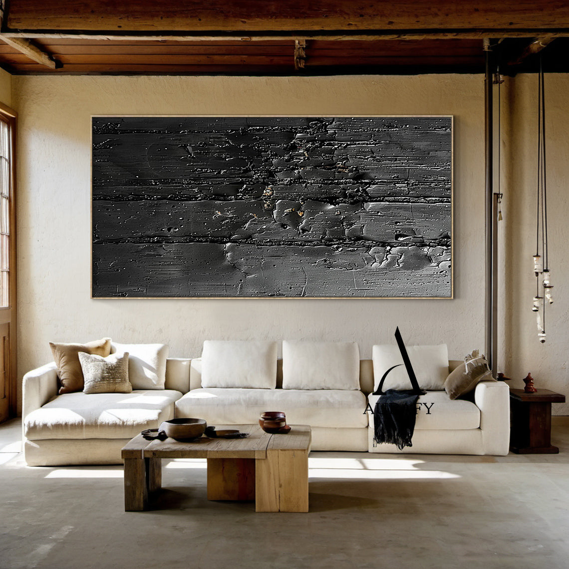 3D Textured Black Abstract Minimalist Painting Cracked Impasto Raised Ridges Tactile Artwork AURA529