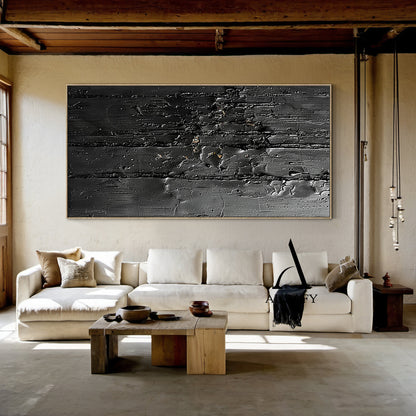 3D Textured Black Abstract Minimalist Painting Cracked Impasto Raised Ridges Tactile Artwork AURA529