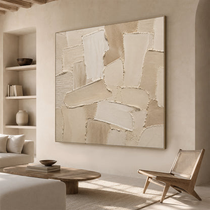 Beige 3D Palette Knife Stroke Plaster Sculpted Canvas Minimalist Japandi Neutral Wall Art AURA755