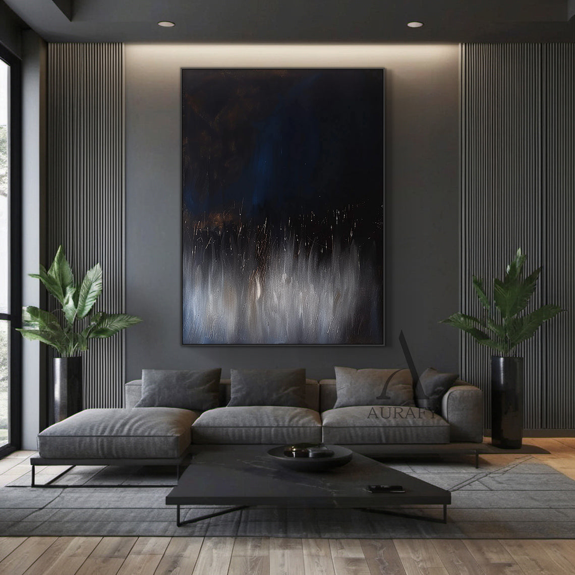 Abstract Black Blue Artwork Abstract Expressionist with flowing vertical texture, star-like light accents AURA504