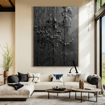3D Textured Black Abstract Minimalist Painting Cracked Impasto Raised Ridges Tactile Artwork AURA529