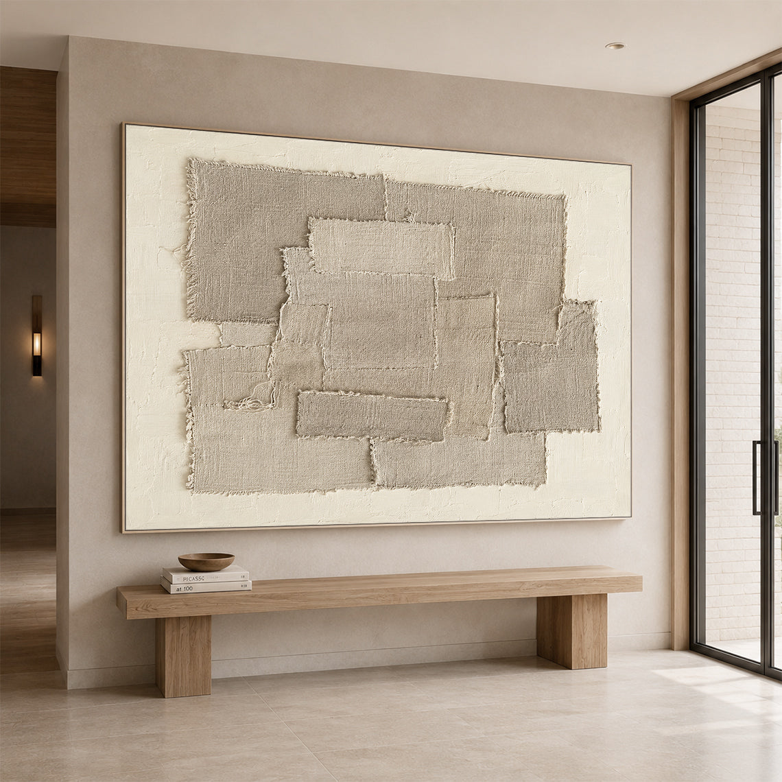 Beige 3D Textured Wall Art Japandi Frayed Linen Collage Tactile Modern Organic Minimalist Decor AURA758