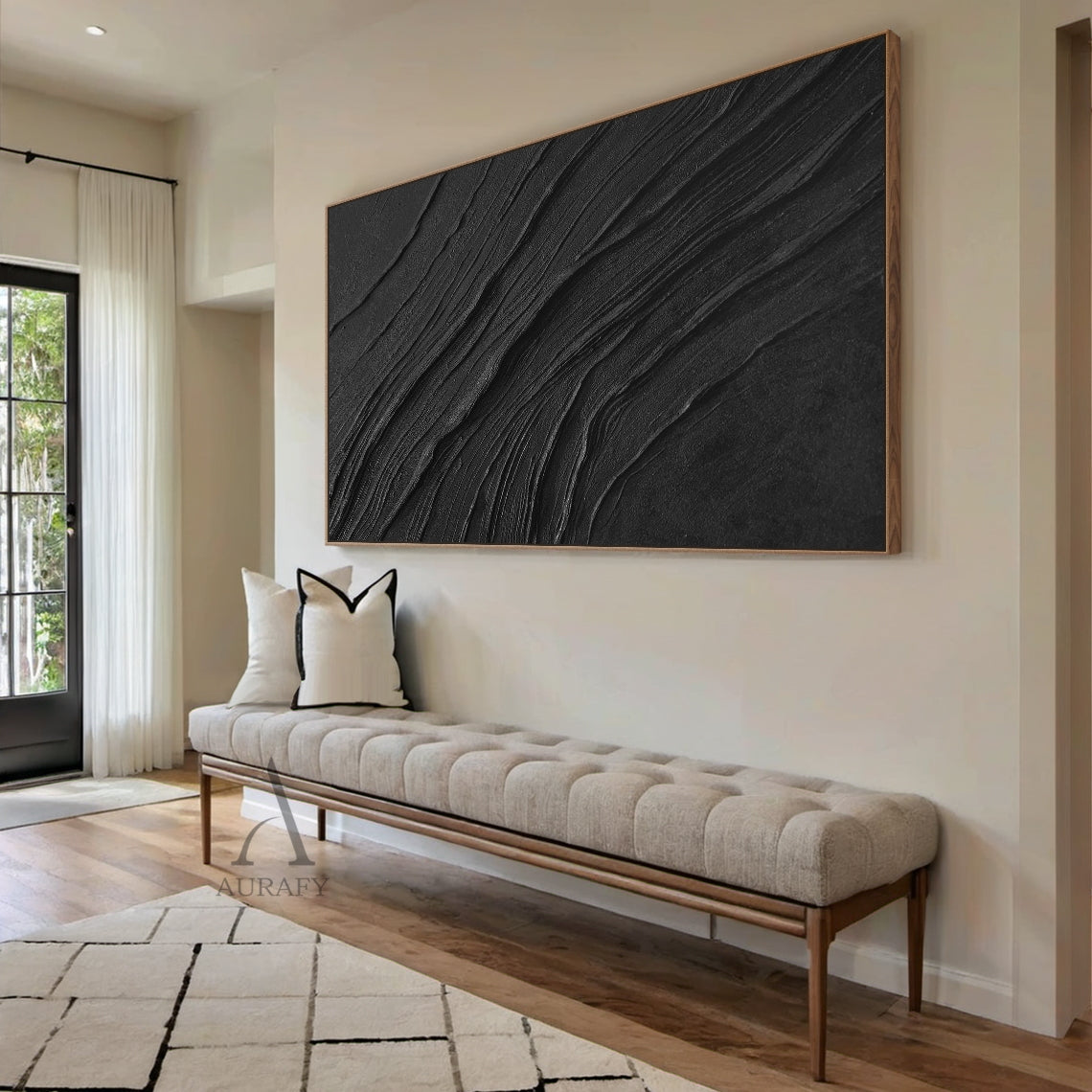 Minimalist Black Wall Art Sculpted Wave-Layered Tactile High-Relief Modern Organic Decor Piece AURA449