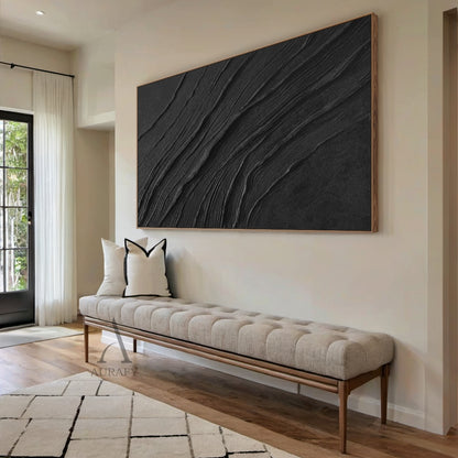 Minimalist Black Wall Art Sculpted Wave-Layered Tactile High-Relief Modern Organic Decor Piece AURA449