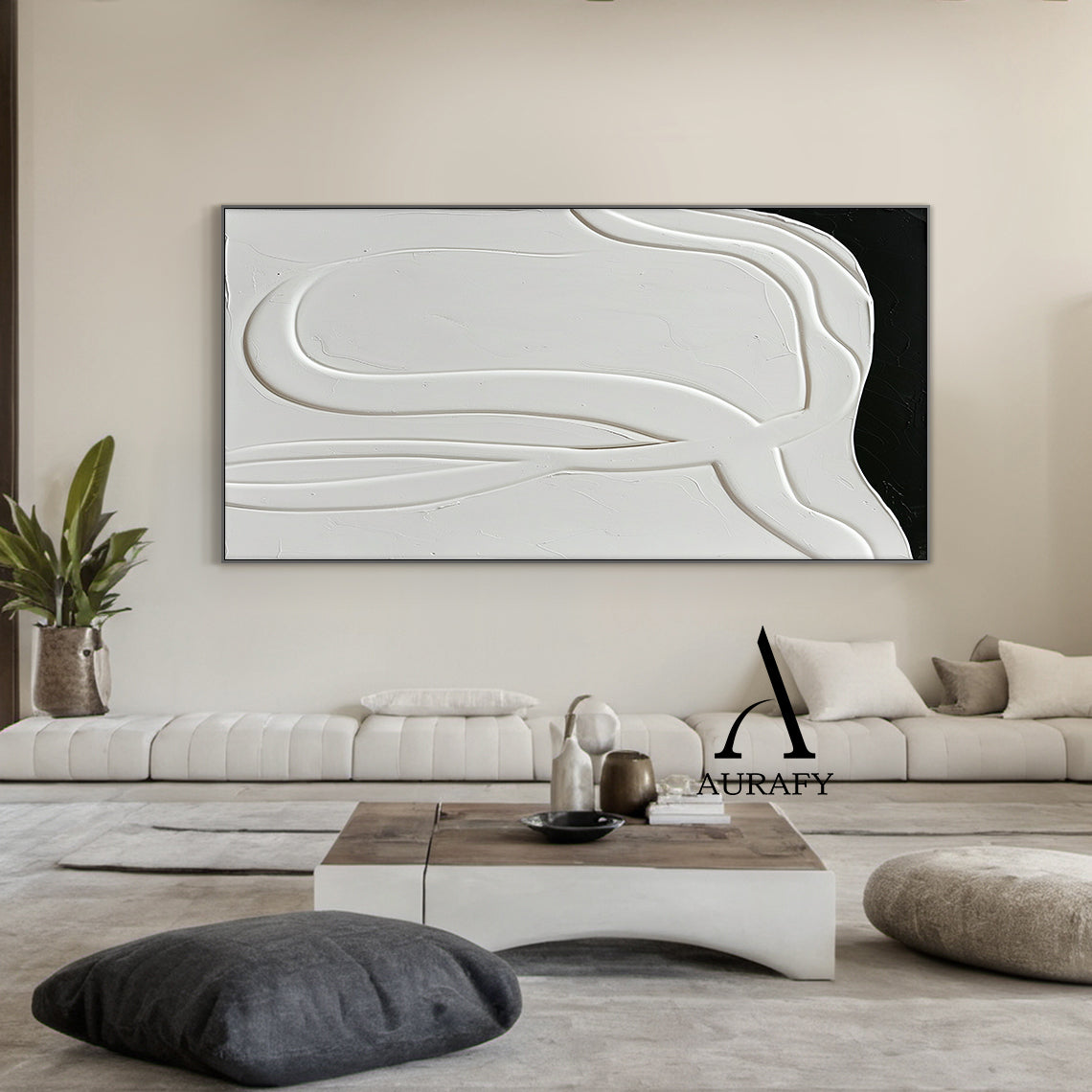 3D Textured Abstract Painting Black White High-Relief Tactile Modern Organic Luxe Artwork AURA513