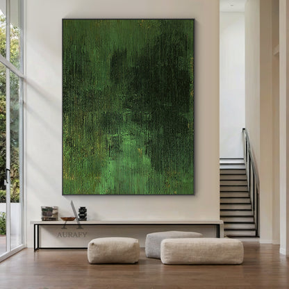 3D Textured Green Abstract Painting Sculpted Tactile High-Relief Surface Dark Gold Accents AURA466