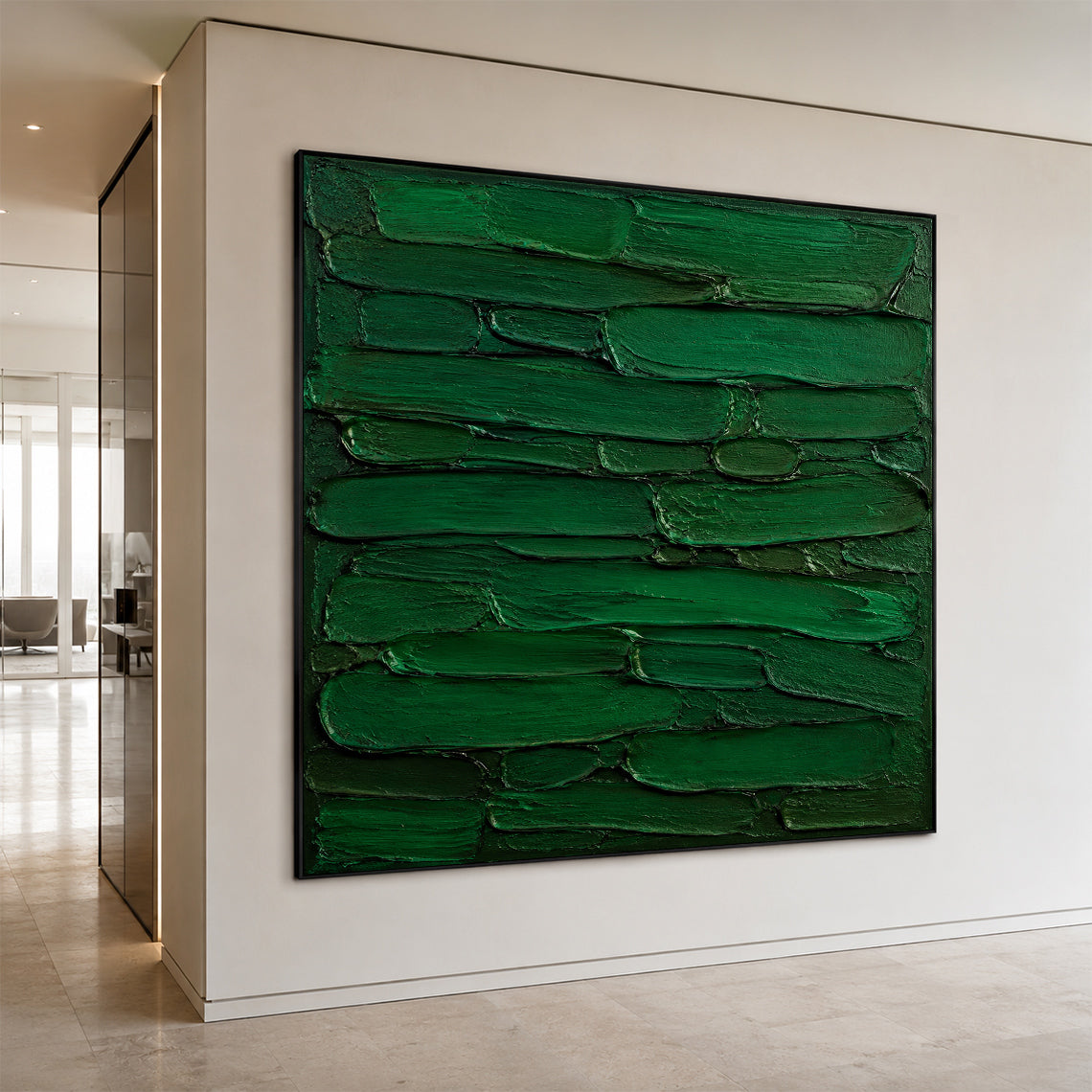 Green 3D Textured Painting Plaster Impasto Knife Stroke Wabi-Sabi Sculpted Canvas Minimalist Luxe Wall Art AURA762