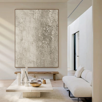 Beige Abstract Plaster Textured Art with Tactile Peeling Surface Vertical Lines Wabi-Sabi Style AURA452