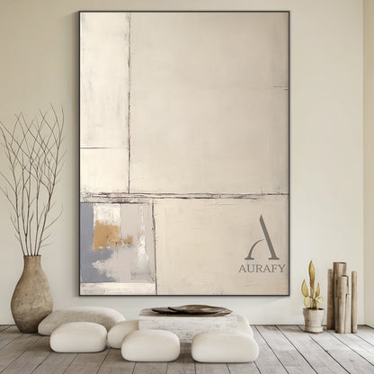Beige Abstract Art Plaster Textured Japandi Minimalist Handmade Geometric Lines Tactile Canvas AURA490