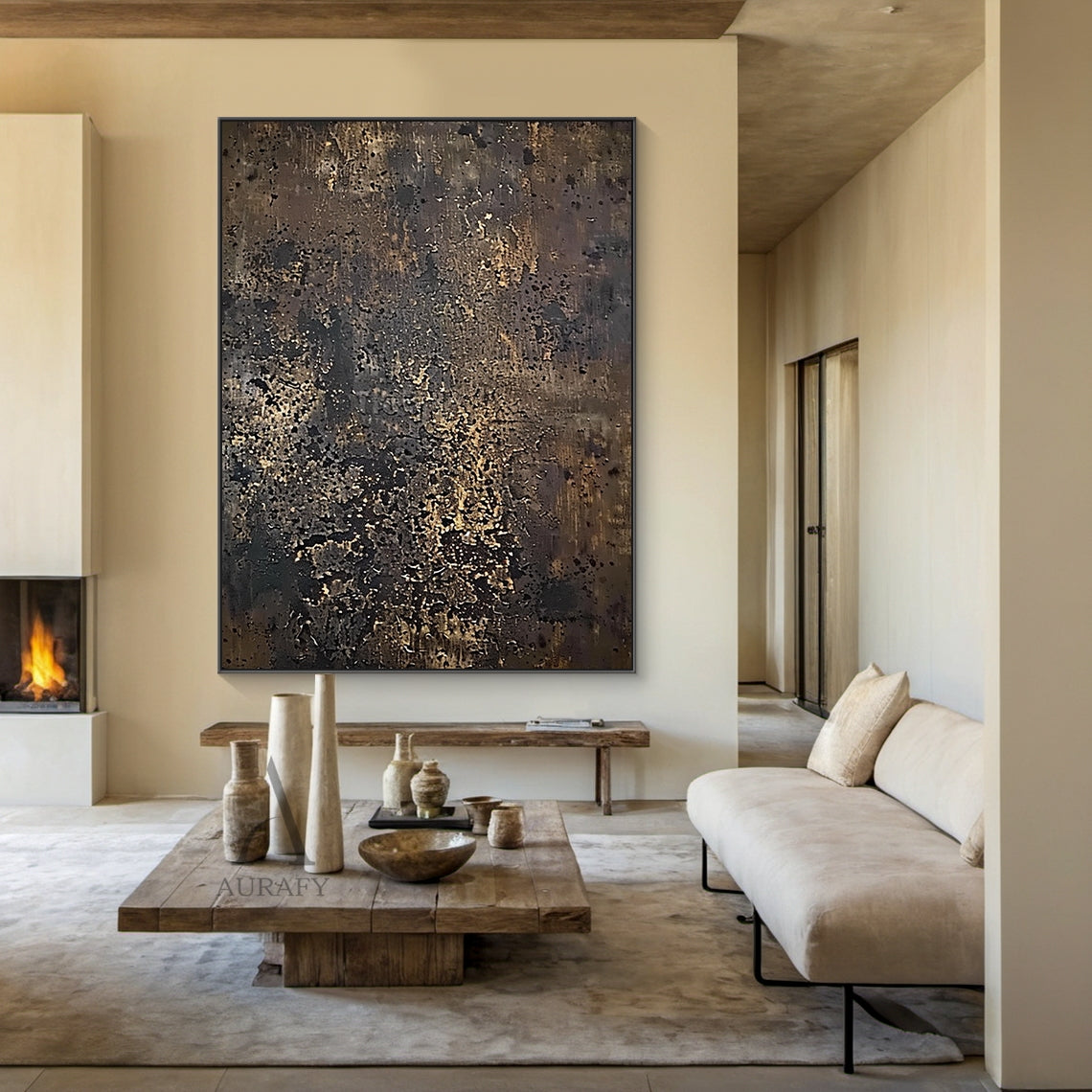 Brown Abstract Texture Painting with Scattered Golden Flecks - AURA839