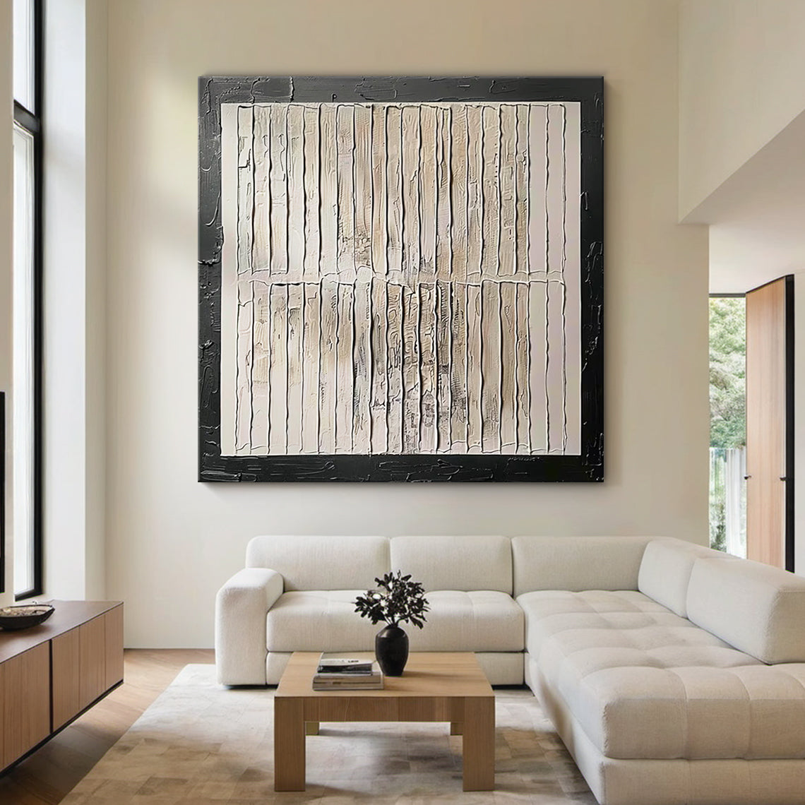 Minimalist Grid Textural Canvas – Cream & Black Accent – AURA006(Square)