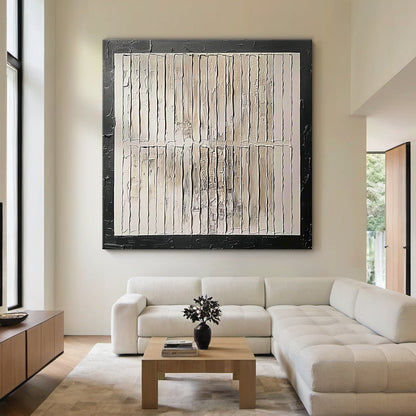 Minimalist Grid Textural Canvas – Cream & Black Accent – AURA006(Square)