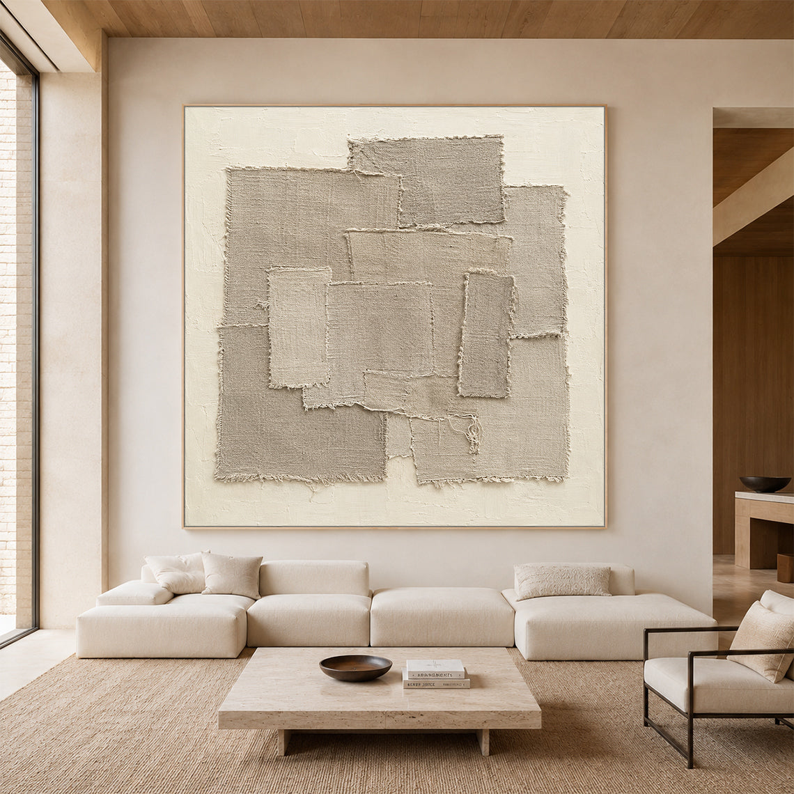 Beige 3D Textured Wall Art Japandi Frayed Linen Collage Tactile Modern Organic Minimalist Decor AURA758