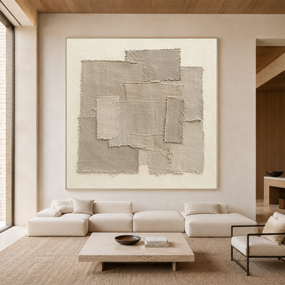 Beige 3D Textured Wall Art Japandi Frayed Linen Collage Tactile Modern Organic Minimalist Decor AURA758