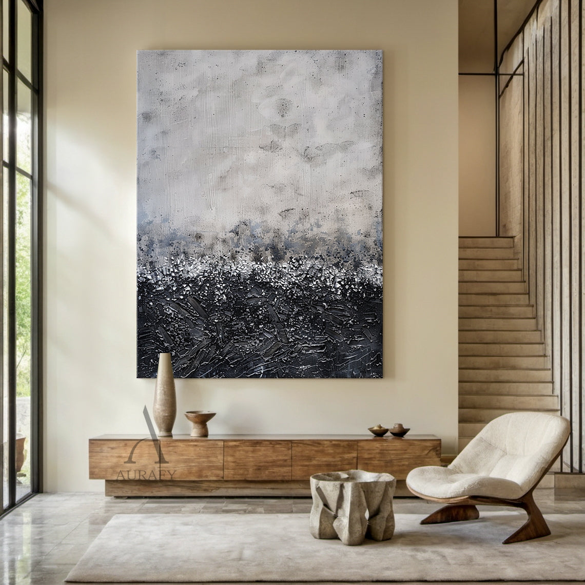 Gray and Black Abstract Wall Art with a Flecked Textural Transition - AURA847