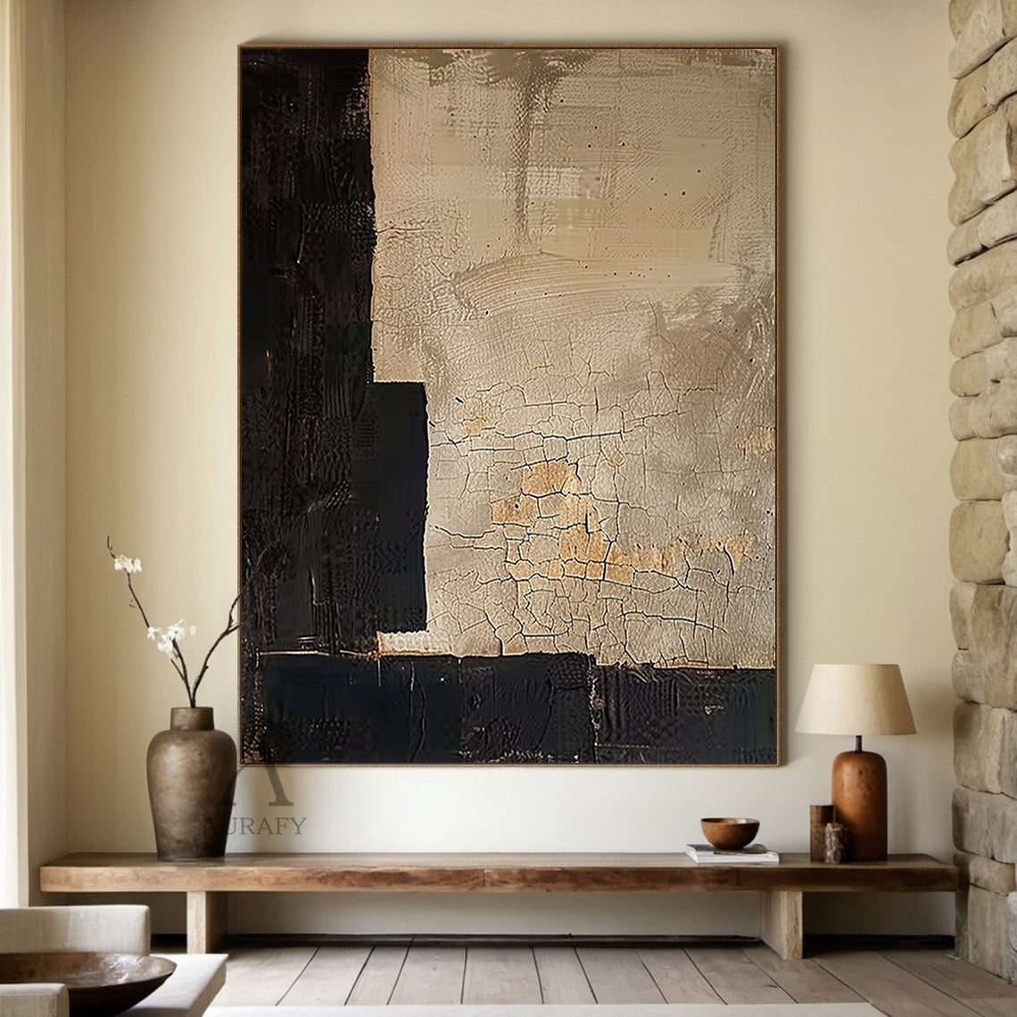 Beige & Black Wabi Sabi Geometric Abstract Wall Art | Cracked Plaster Japandi Canvas | AURA809