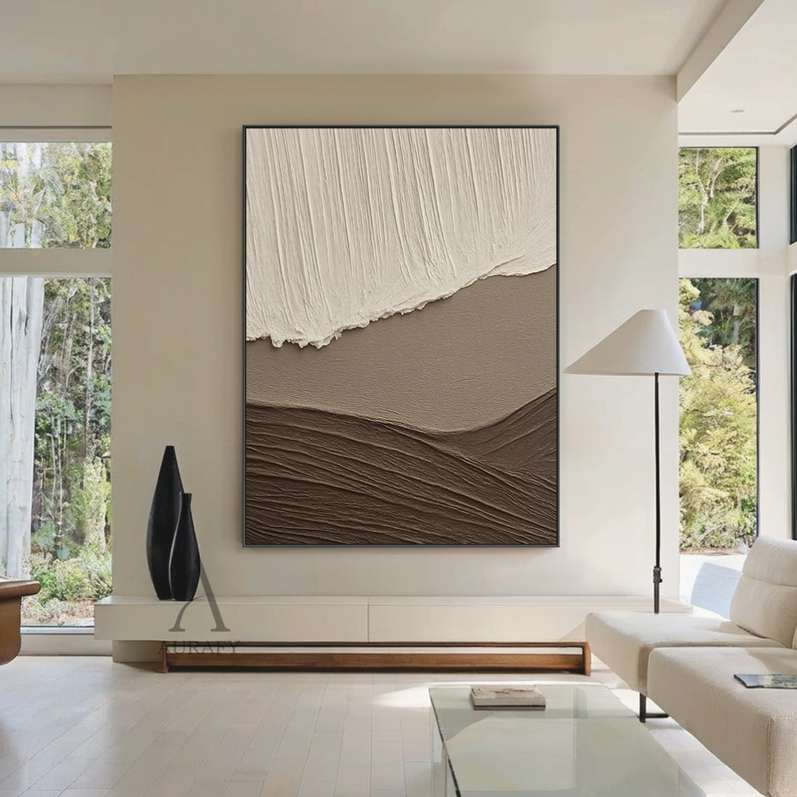 Beige Brown Landscape Art Thick Textured Canvas with Vertical Strokes Wavy Folds Modern Organic Minimalist Luxe AURA469