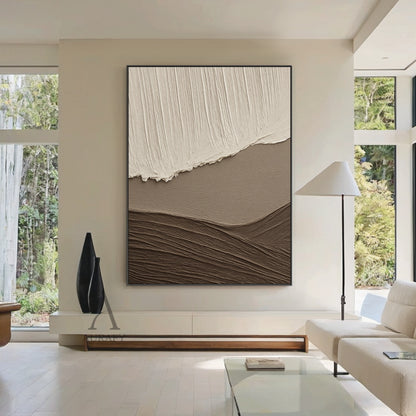 Beige Brown Landscape Art Thick Textured Canvas with Vertical Strokes Wavy Folds Modern Organic Minimalist Luxe AURA469