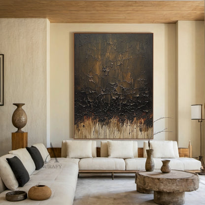 Brown Abstract Painting with Cracked Layers and Trailing Marks - AURA848