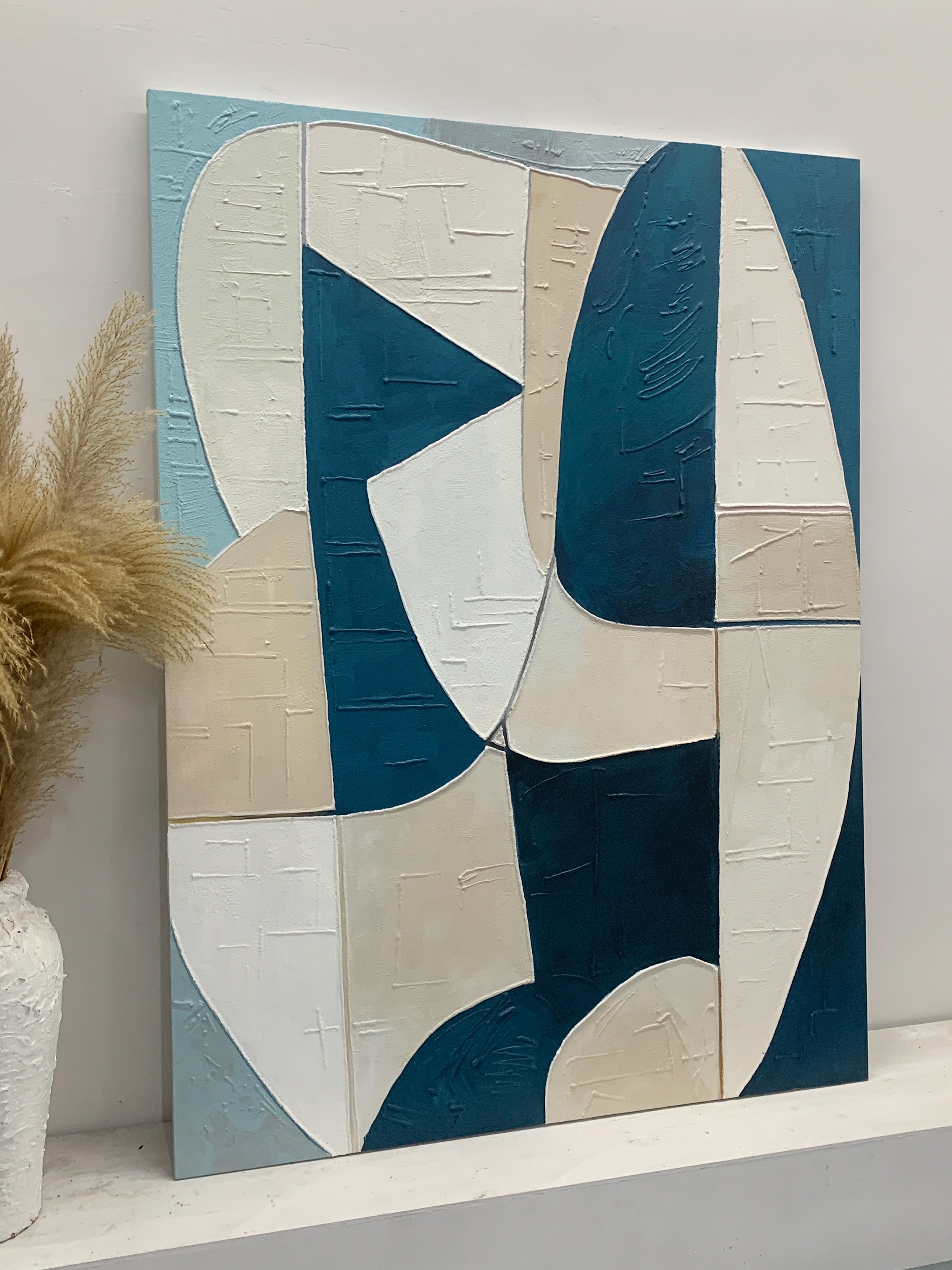 Textured Abstract Blue Beige Wall Art for Modern Living Room AURA164
