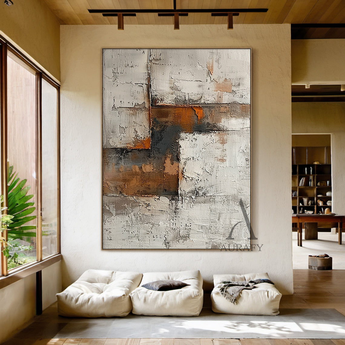 Abstract Brown Beige Art Thick Impasto Scraped Texture Wabi-Sabi Tactile Wall Decor AURA471
