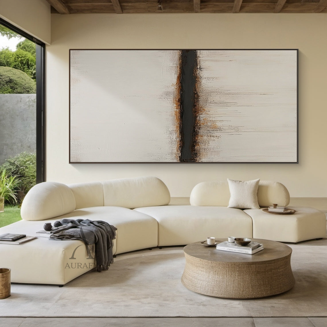 Wabi Sabi Yellow & Brown Textured Abstract Landscape | Japandi Earth-Tone Canvas Wall Art | AURA802