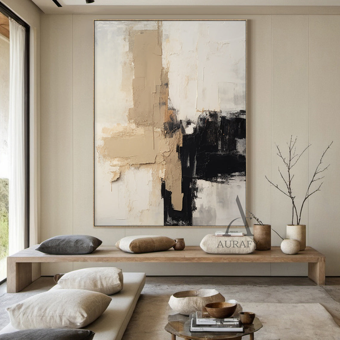 Abstract Beige White Black Plaster Textured Tactile Surface Modern Minimalist Knife Strokes Artwork AURA475