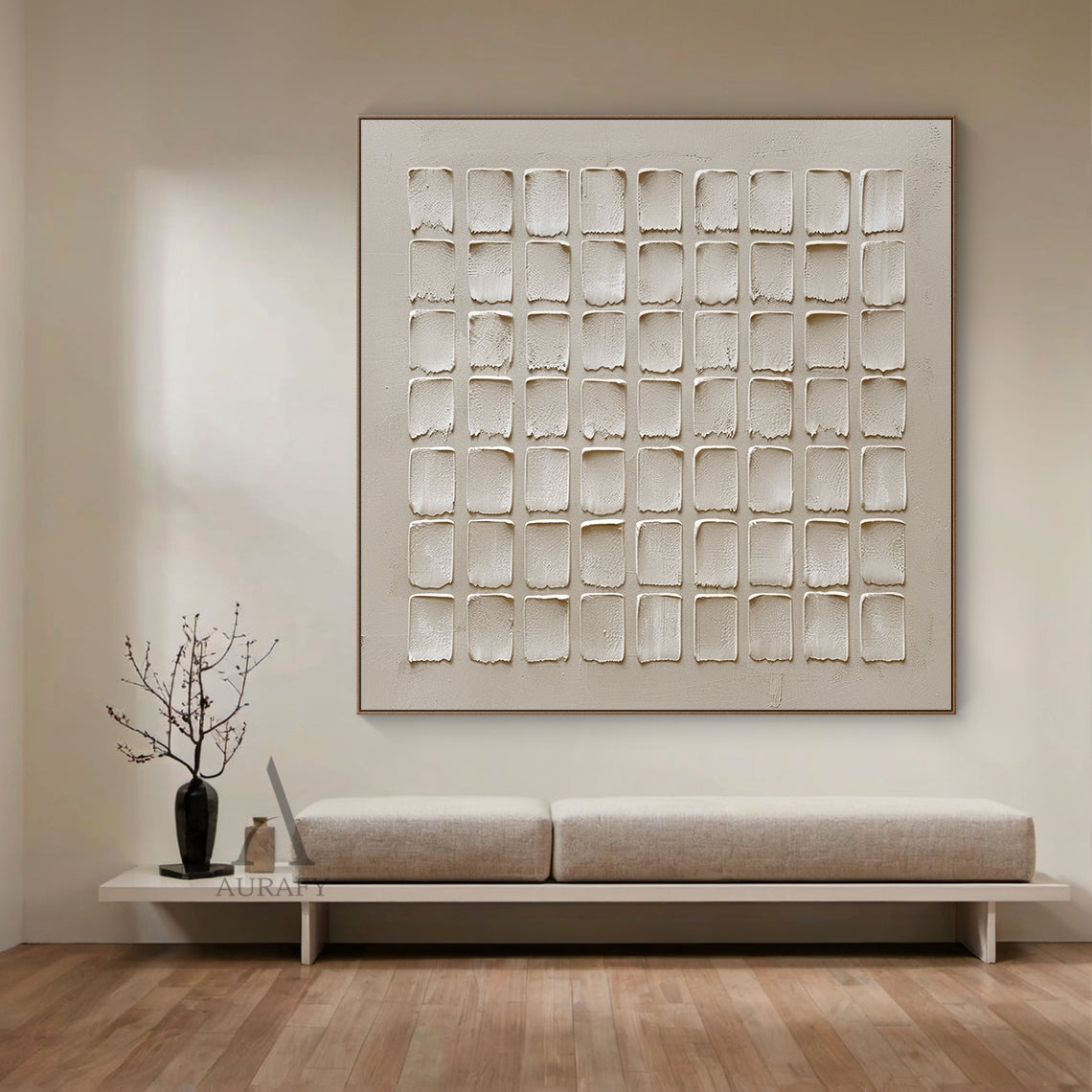 Beige Abstract Art High-Relief Plaster Tactile Grid Hand-Applied Irregular Edges Modern Organic AURA604