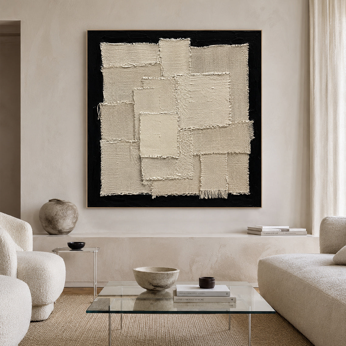 Wabi-Sabi Japandi 3D Textured Black Beige Sculpted Canvas Plaster Tactile Fringe Minimalist Abstract Painting AURA759