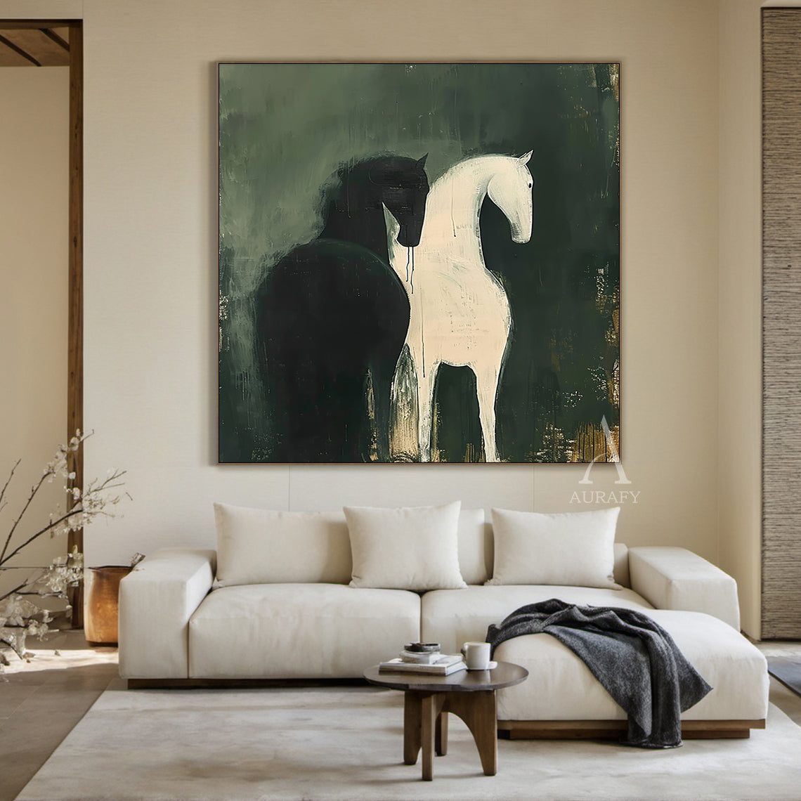 Large Scale Abstract Green Horse Oil Painting Textured Animal Wall Art-AURA340