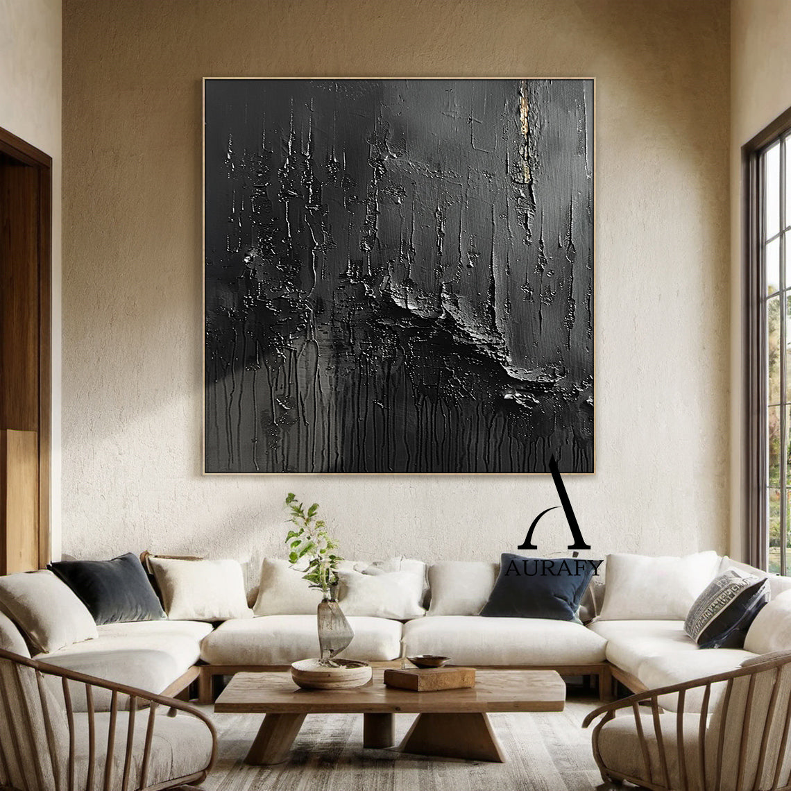 3D Textured Black Abstract Painting Tactile Surface Thick Paint Drips Scratch Marks AURA530