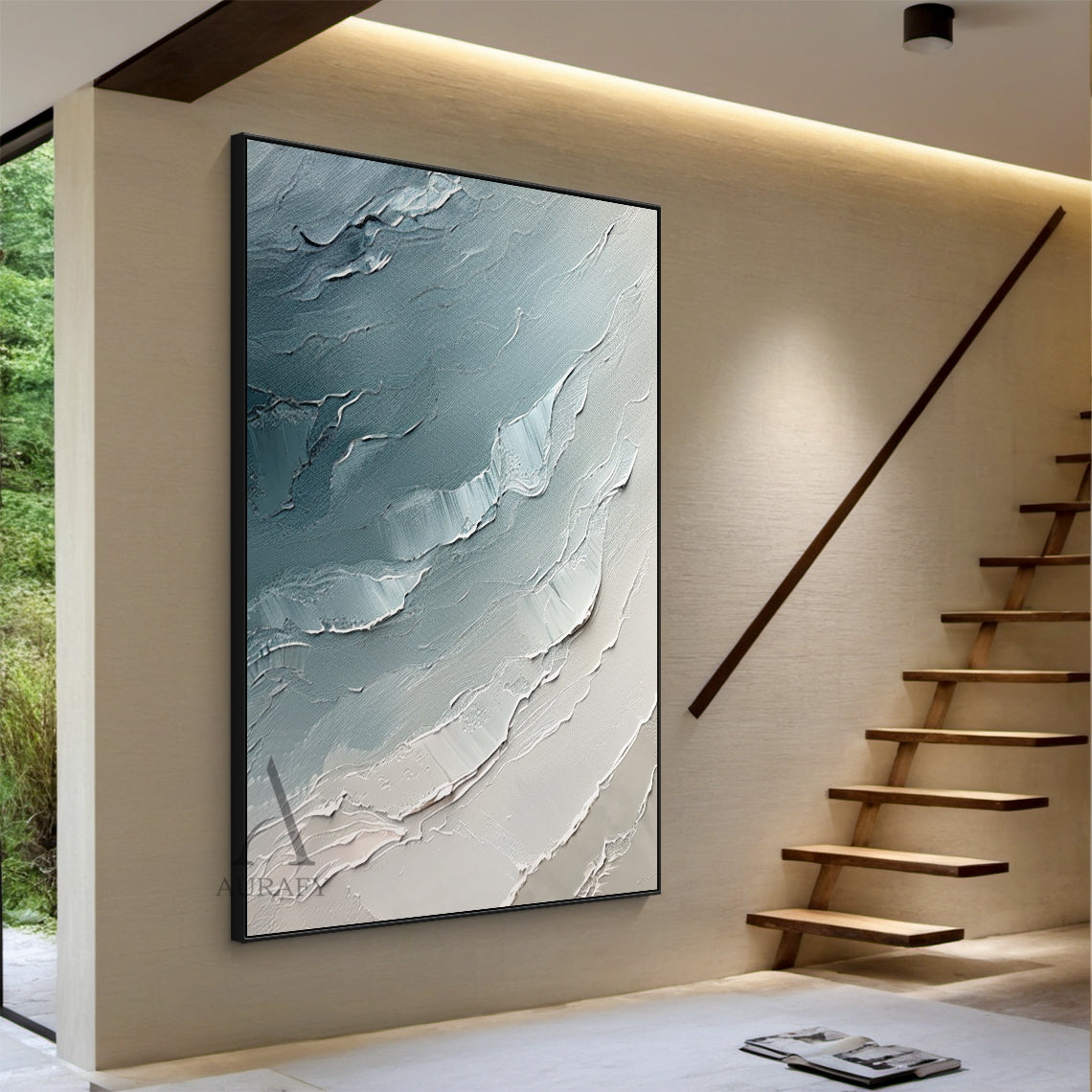 Abstract Ocean Blue Impasto Art with Tactile Sculpted Surface Knife Strokes Abstract Expressionist AURA463