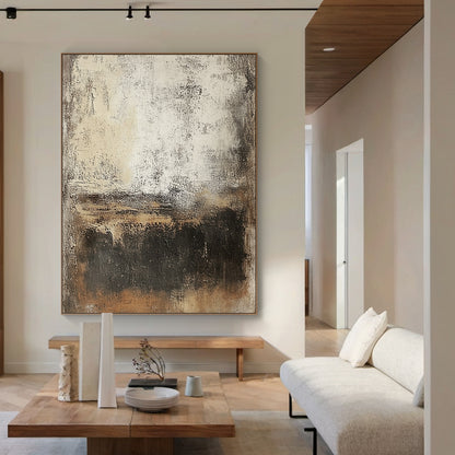 Wabi Sabi Abstract Art Beige Black Distressed Tactile Plaster-like Organic Wall Decor AURA591