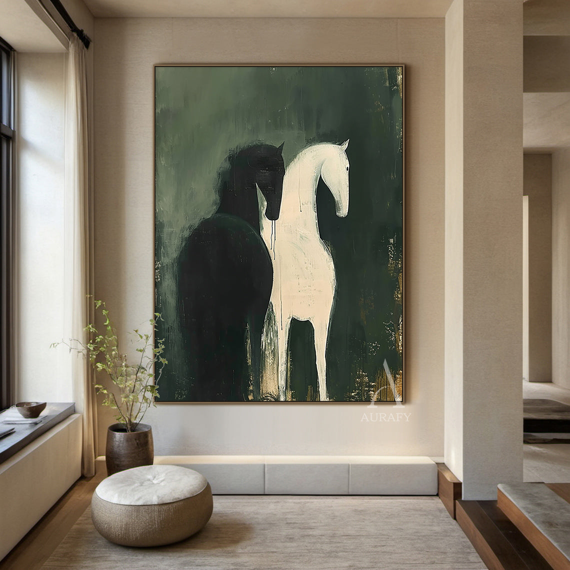 Large Scale Abstract Green Horse Oil Painting Textured Animal Wall Art-AURA340