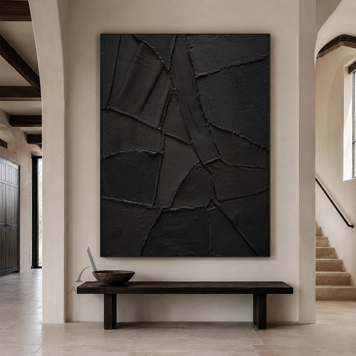 Black Relief, Monochrome Geometric 3D Textured Painting AURA859
