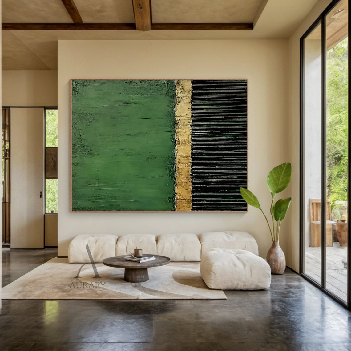 Minimalist Wall Art Green Black Textured Brush Strokes Distressed Gold Vertical Stripes Luxe Piece AURA437