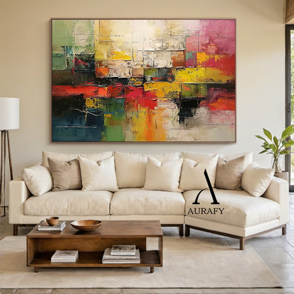 3D Textured Abstract Painting with High-Relief Plaster Tactile Surface Pink Green Yellow Knife Strokes AURA571