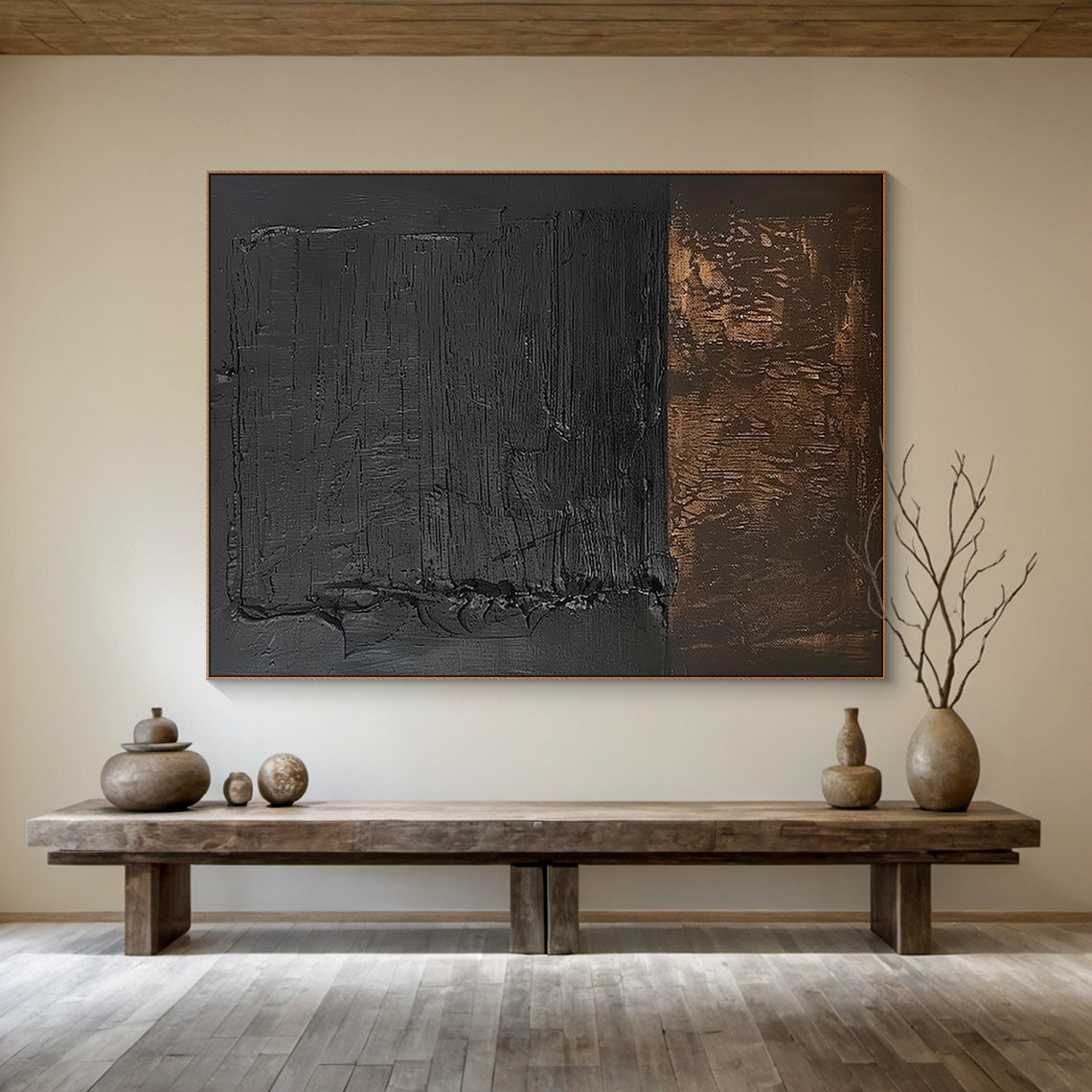 Wabi Sabi Black Brown Abstract Art with Thick Paint Distressed Edges Tactile Surface AURA579