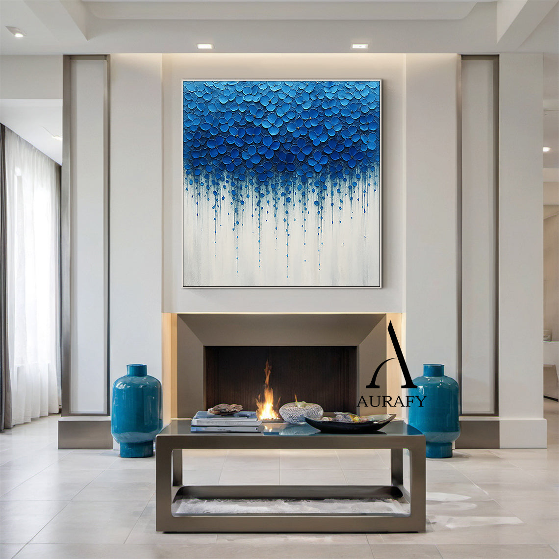 3D Textured Impasto Painting Tactile High-Relief Blue Flower Motifs Drip Effect White Background AURA517
