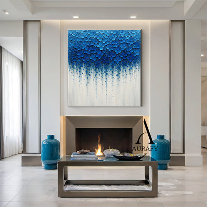 3D Textured Impasto Painting Tactile High-Relief Blue Flower Motifs Drip Effect White Background AURA517