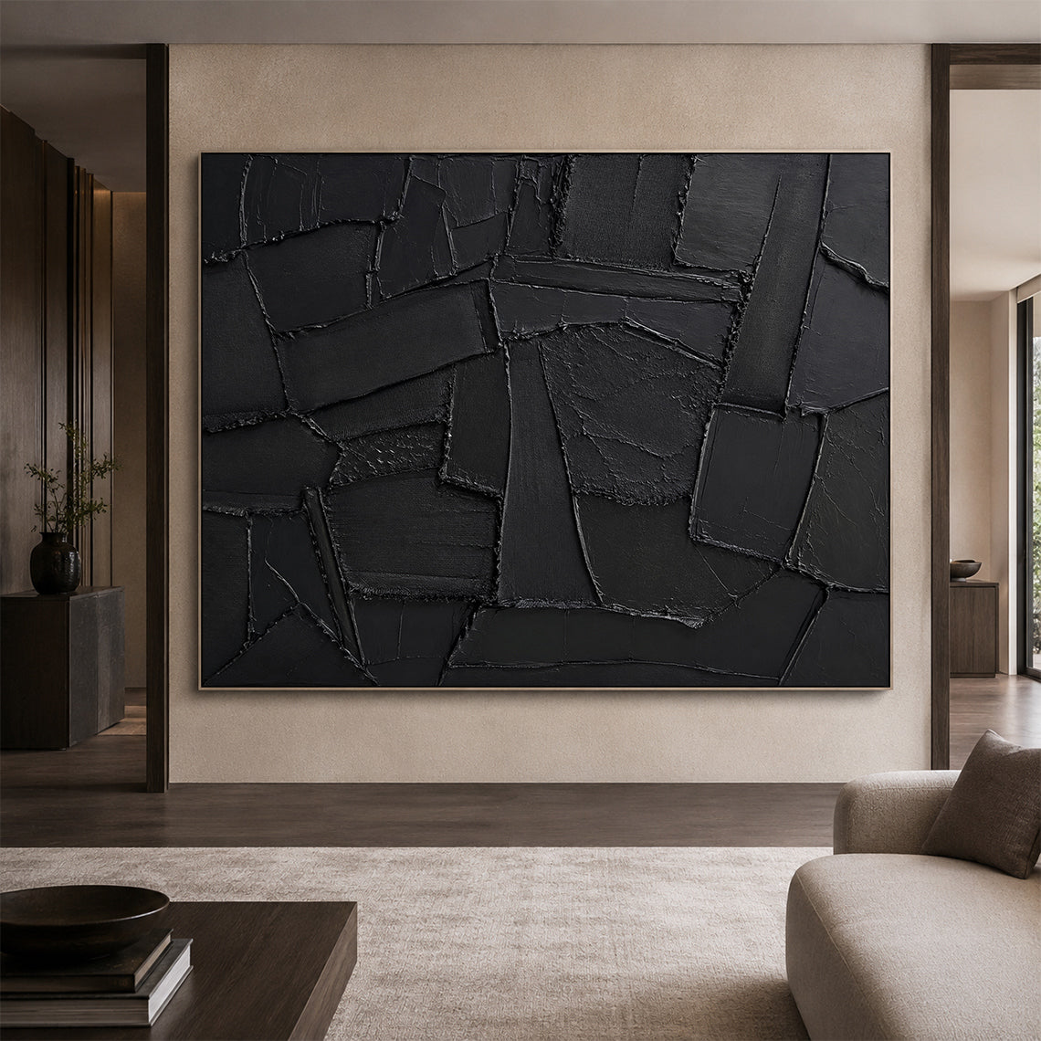 Black 3D Textured Abstract Painting High-Relief Plaster Knife Stroke Minimalist Japandi Wabi Sabi Wall Decor AURA770