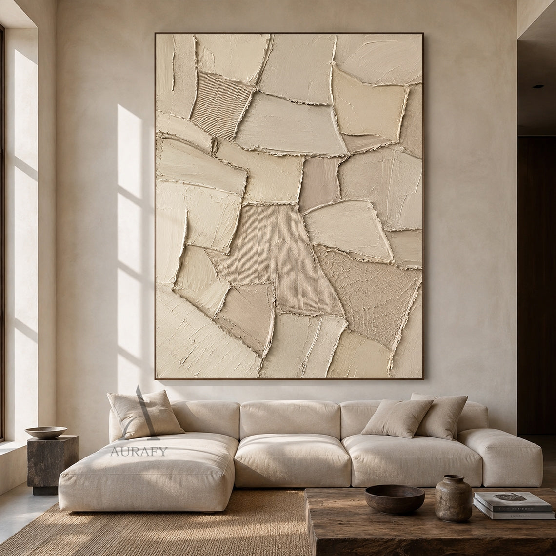 Earthen Patchwork, Beige Brown Geometric Relief Painting AURA858