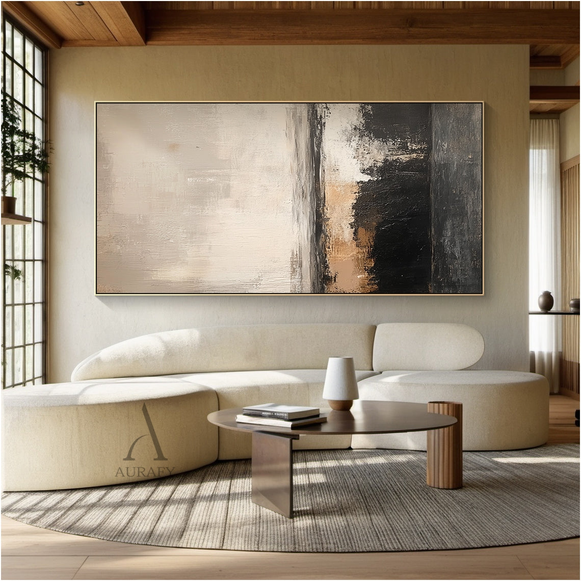 Beige and Black Abstract Painting with a Broken Ochre Accent - AURA852